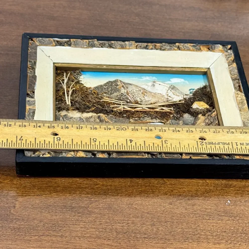 Vintage Japan Bark Art Shadow Box Mountain Lake Bridge Diorama Rustic Wall Decor